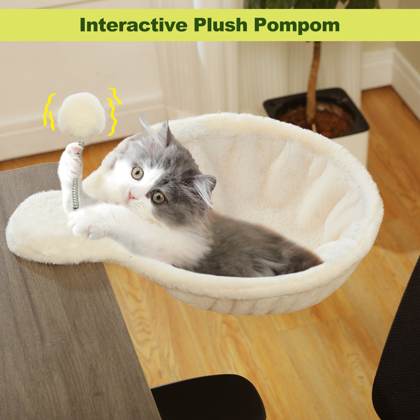 PAWZ Road Katzenbett für den Schreibtisch | mit interaktivem Plüschball | 35 cm Durchmesser | platzsparendes Katzen-Schreibtischbett | weiße Katzenhängematte für Tisch | bis zu 22 kg belastbar