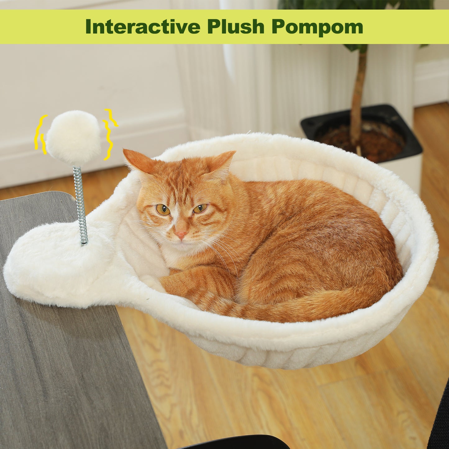 PAWZ Road Katzenbett für den Schreibtisch | mit interaktivem Plüschball | 35 cm Durchmesser | platzsparendes Katzen-Schreibtischbett | weiße Katzenhängematte für Tisch | bis zu 22 kg belastbar