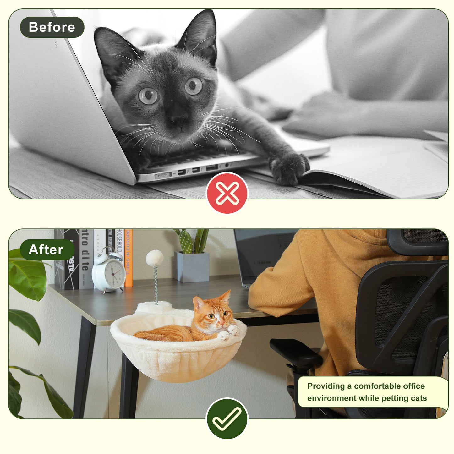 PAWZ Road Katzenbett für den Schreibtisch | mit interaktivem Plüschball | 35 cm Durchmesser | platzsparendes Katzen-Schreibtischbett | weiße Katzenhängematte für Tisch | bis zu 22 kg belastbar