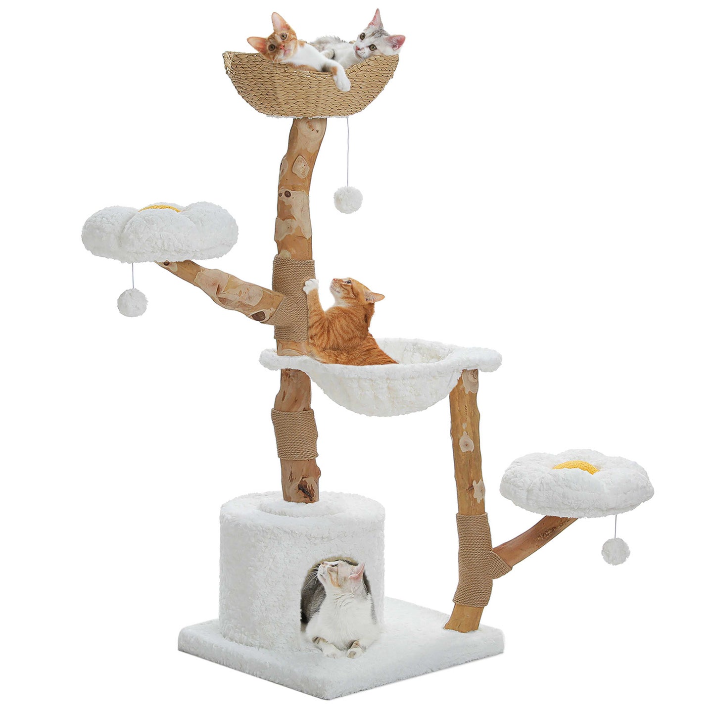 Torre de escalada moderno para gatos (para gatos grandes) con 2 plataformas en forma de flor | 150cm | Pilar rascador natural de madera maciza con rama real | Muebles de lujo para gatos estilo boho con casa para dormir + cesto trenzado (blanco nube)