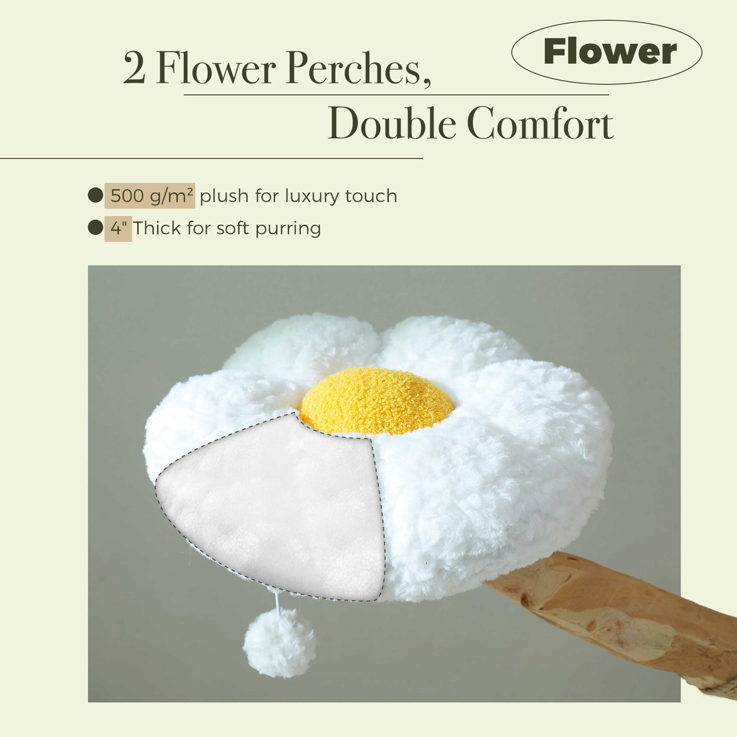 Torre de escalada moderno para gatos (para gatos grandes) con 2 plataformas en forma de flor | 150cm | Pilar rascador natural de madera maciza con rama real | Muebles de lujo para gatos estilo boho con casa para dormir + cesto trenzado (blanco nube)