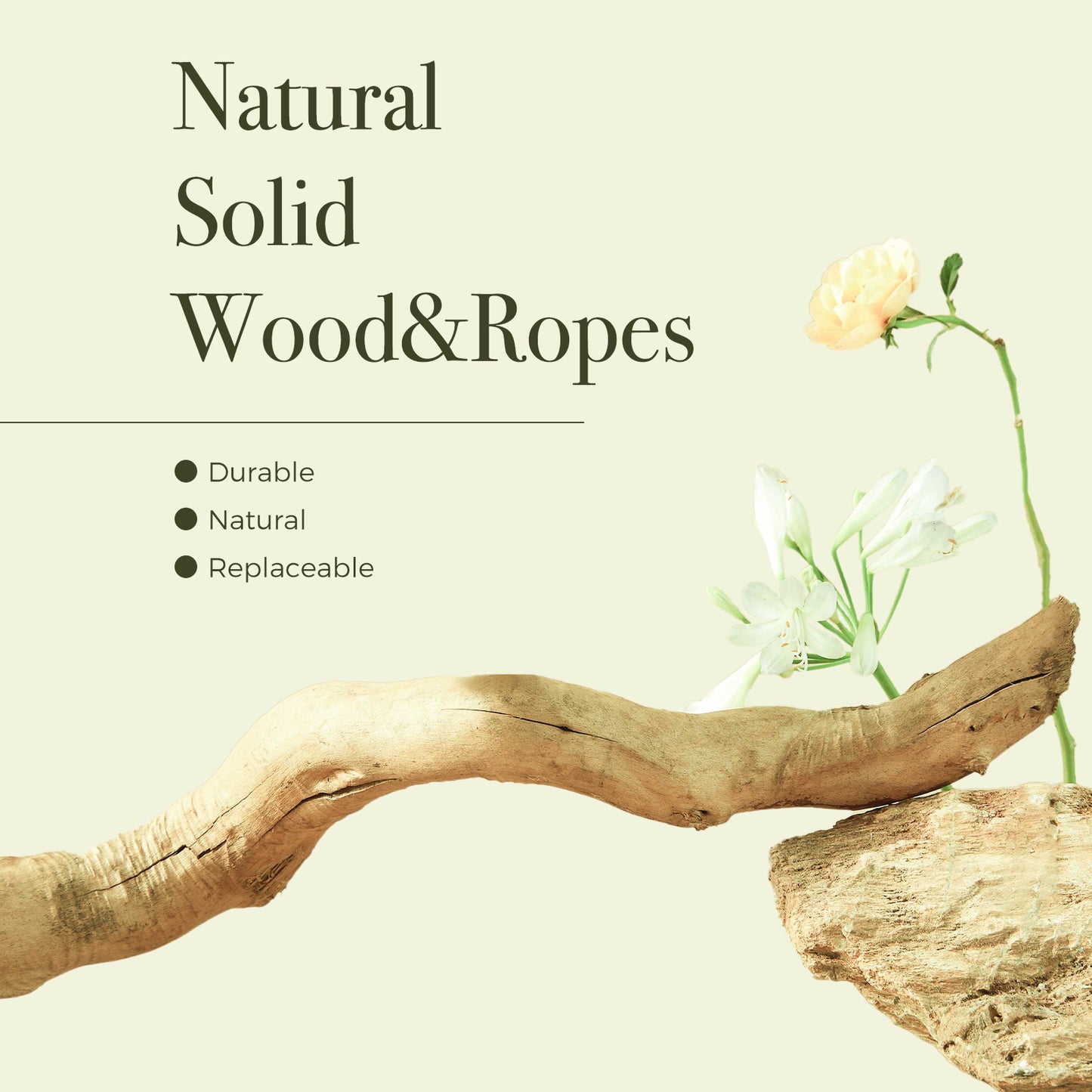 Torre de escalada moderno para gatos (para gatos grandes) con 2 plataformas en forma de flor | 150cm | Pilar rascador natural de madera maciza con rama real | Muebles de lujo para gatos estilo boho con casa para dormir + cesto trenzado (blanco nube)