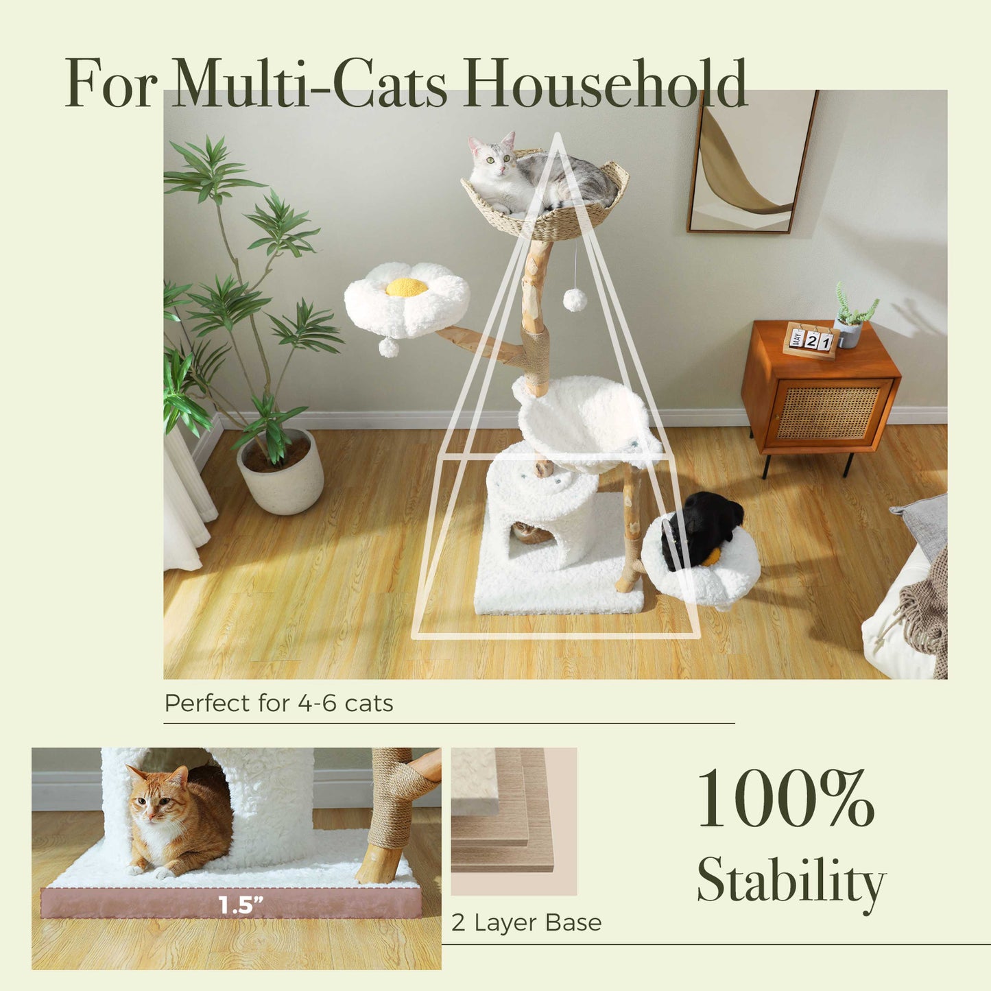 Torre de escalada moderno para gatos (para gatos grandes) con 2 plataformas en forma de flor | 150cm | Pilar rascador natural de madera maciza con rama real | Muebles de lujo para gatos estilo boho con casa para dormir + cesto trenzado (blanco nube)