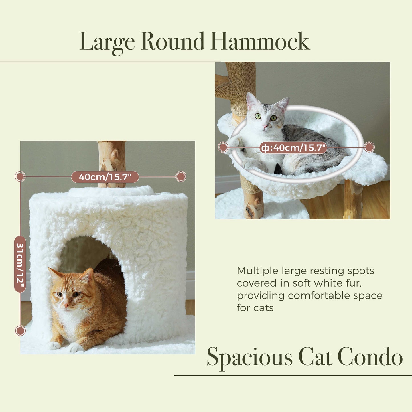 Torre de escalada moderno para gatos (para gatos grandes) con 2 plataformas en forma de flor | 150cm | Pilar rascador natural de madera maciza con rama real | Muebles de lujo para gatos estilo boho con casa para dormir + cesto trenzado (blanco nube)