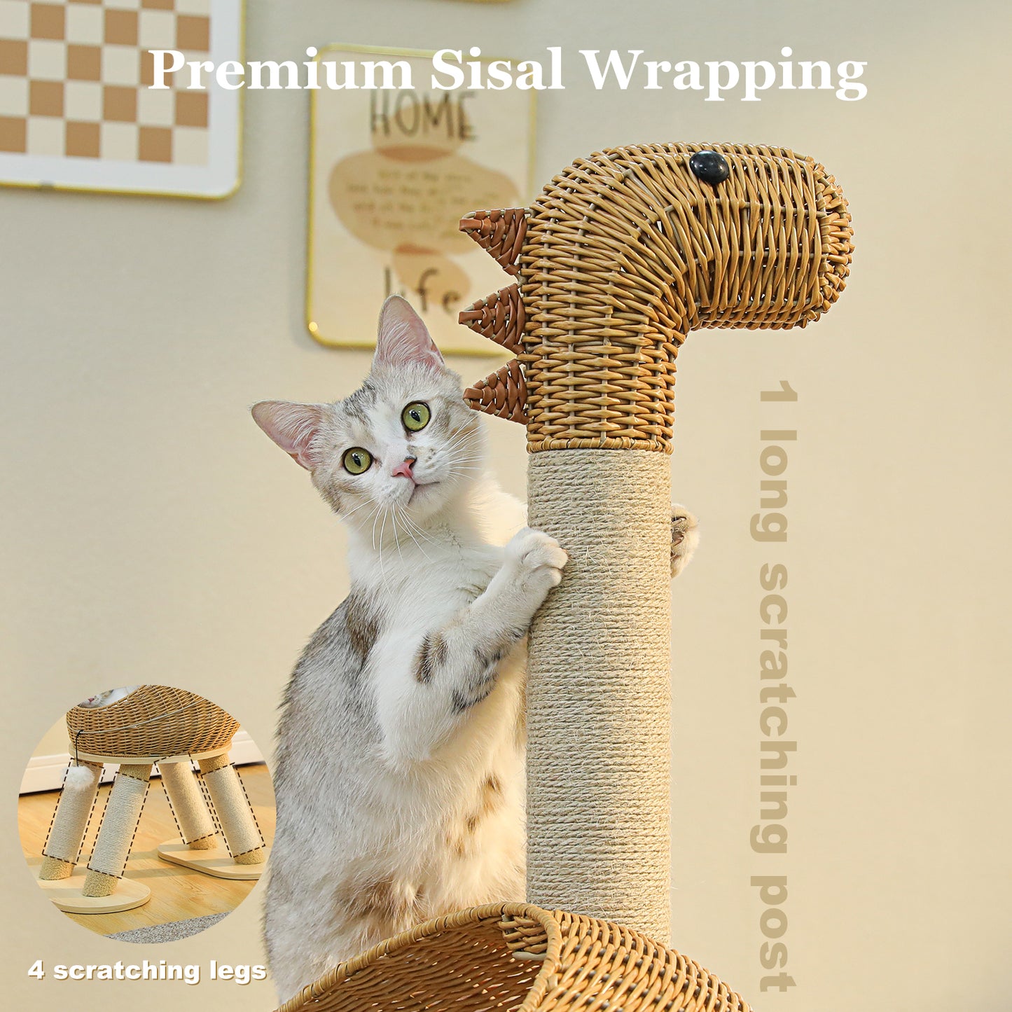 XXL cat tree with rattan cave &amp; sisal posts - 116cm high triangular base for large cats