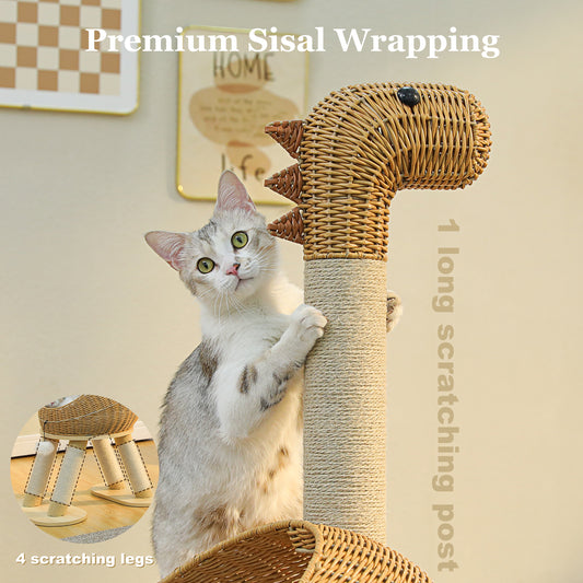 Tiragraffi XXL con cuccia in rattan e pali in sisal - base triangolare alta 116 cm per gatti di grandi dimensioni