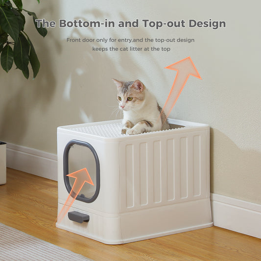 Lettiera PAWZ Road con uscita sul ponte e cassetto | L'ingresso sul pavimento e l'uscita sul ponte impediscono il trascinamento della sabbia + meccanismo di estrazione | Piastra di drenaggio della sabbia convessa con design a sfera
