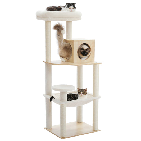 PAWZ Road Naturholz-Katzenbaum - Mehrstöckiger Katzenturm | mit Sisal-Kratzsäulen | gemütlichem Schlafhaus | XXL Hängematte | kuscheligen Plattformen in Kunstkaninchenfell (Beige)