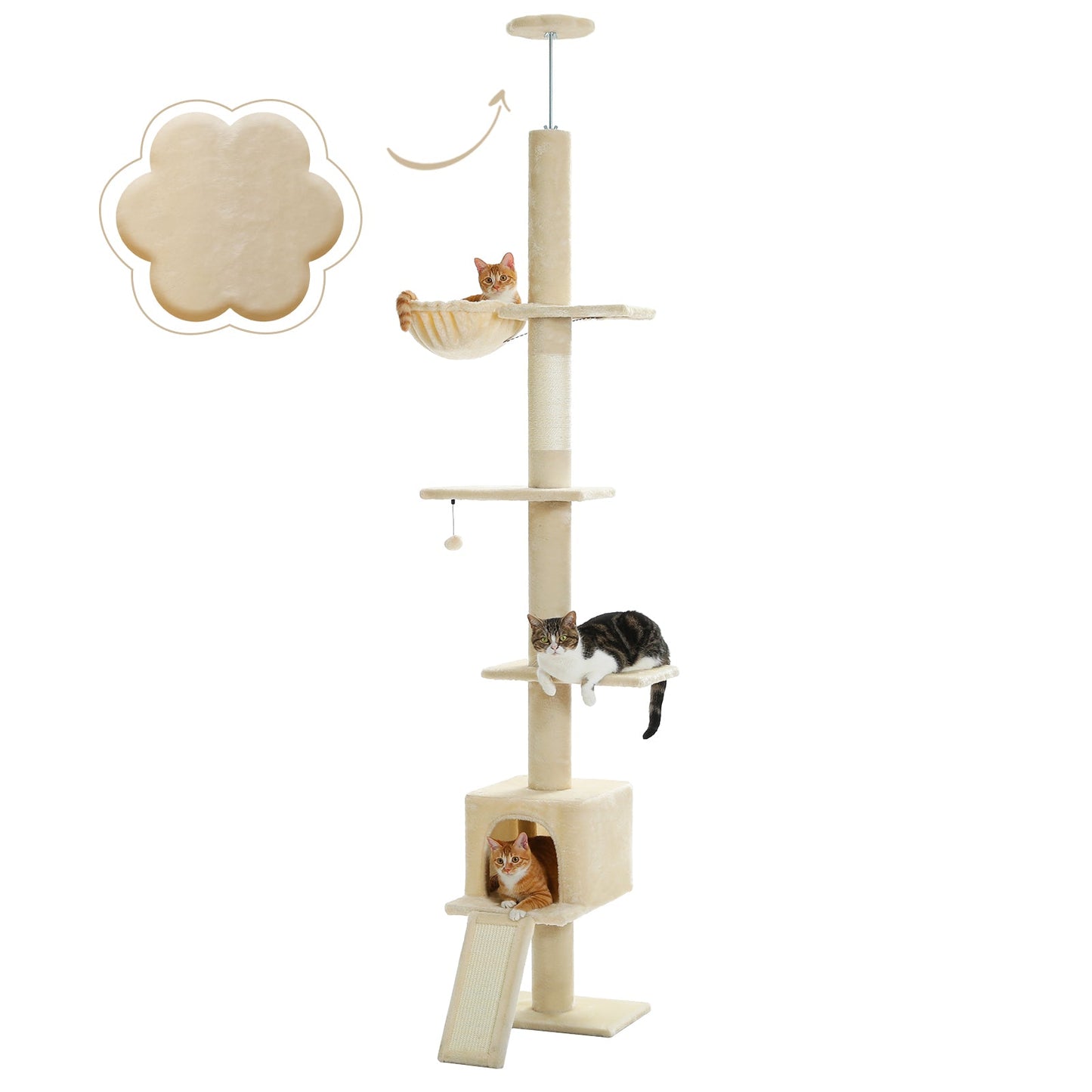 PAWZ Road Kaktus-Katzenbaum | 216-273 cm h?henverstellbar | Decken-zu-Boden-Kratzturm | mit H?ngematte & Schlafhaus | Anti-Fall-Gurt