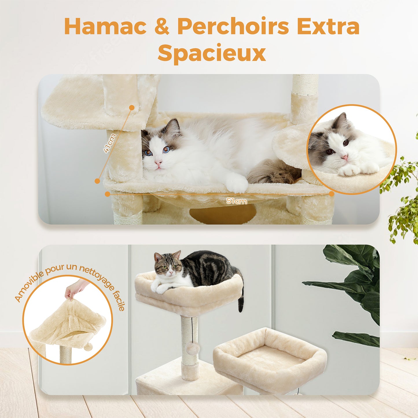 PAWZ Road Cat Tree, 136 cm high | with spacious hammock | sleeping house and scratching post | two padded platforms | cat house suitable for large indoor cats
