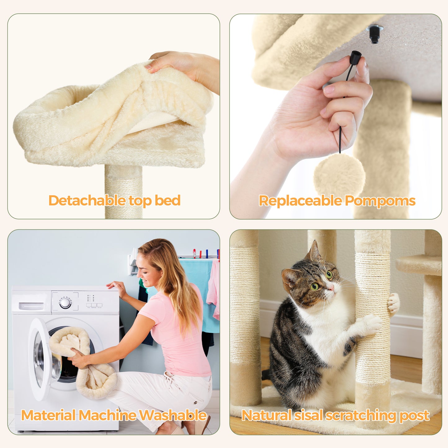 PAWZ Road 150 cm Blumen-Katzenbaum – Großer mehrstufiger Katzenturm | Niedriges Design | mit Schlafhaus | XXL Hängematte | Sisal-Pfosten & 2 Plattformen
