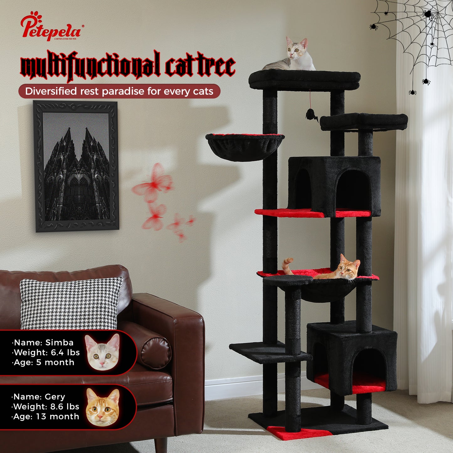 PAWZ Road XXL-Rascador 175 cm para gatos de apartamento | Con gran hamaca | Torre para gatos adultos | Incl. poste rascador, casa de dormir y plataforma de observación