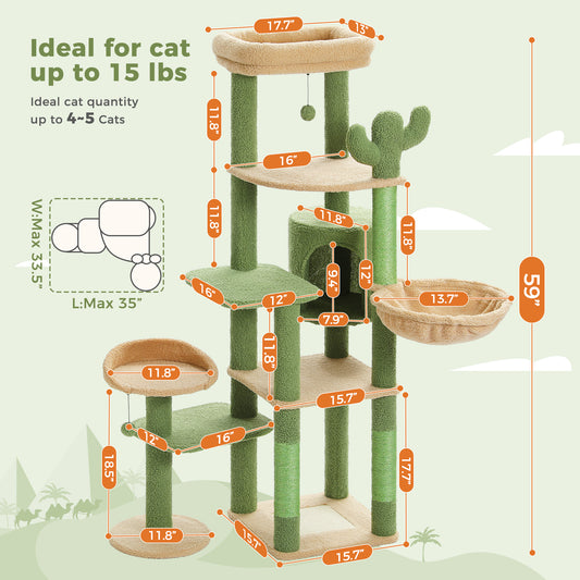 PAWZ Road 150 cm Blumen-Katzenbaum – Großer mehrstufiger Katzenturm | Niedriges Design | mit Schlafhaus | XXL Hängematte | Sisal-Pfosten & 2 Plattformen
