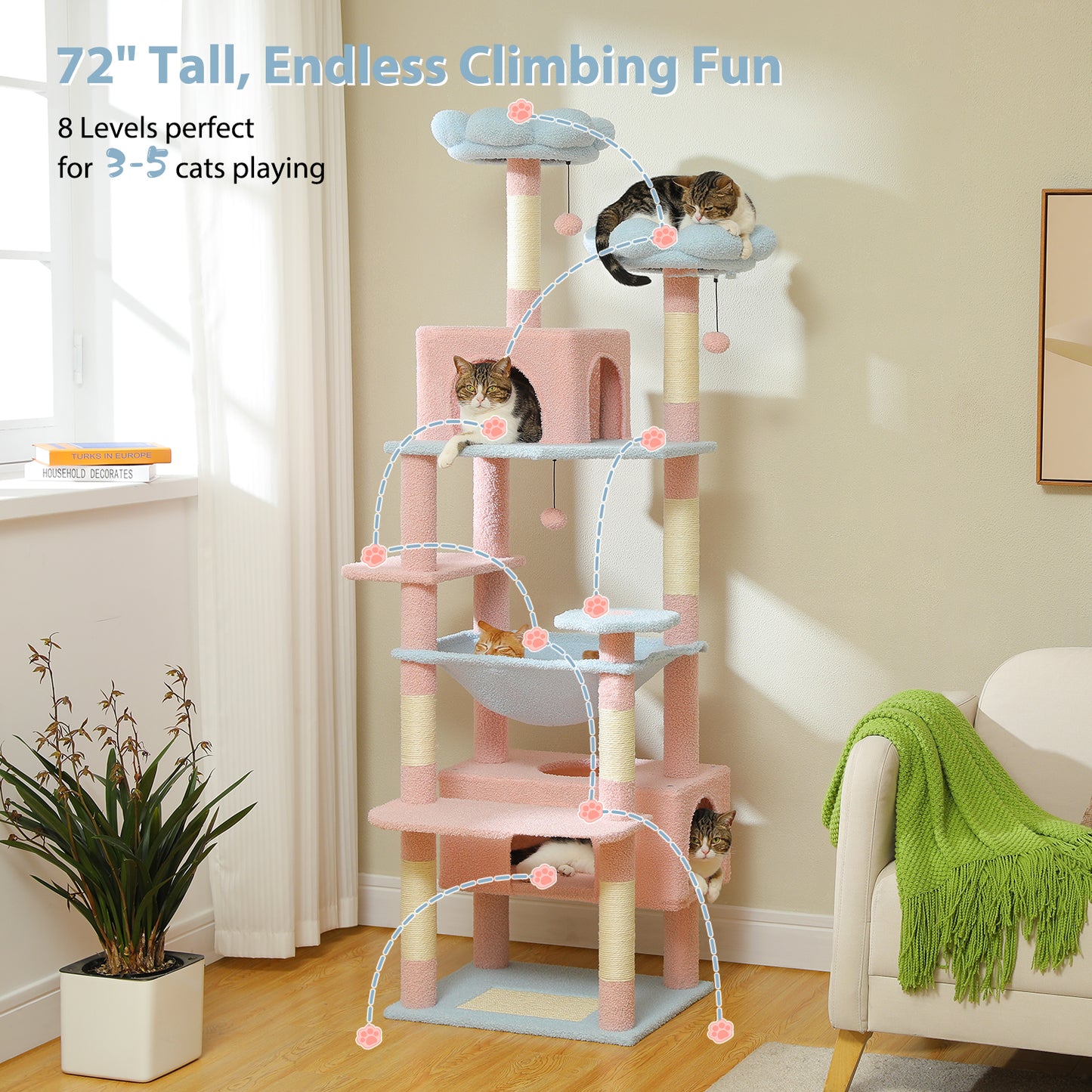 PAWZ Road Arbre à gratter, 136 cm de haut | avec hamac spacieux | maison de repos et poteau à gratter | deux plateformes rembourrées | maison pour chats adaptée aux chats d'appartement de grande taille