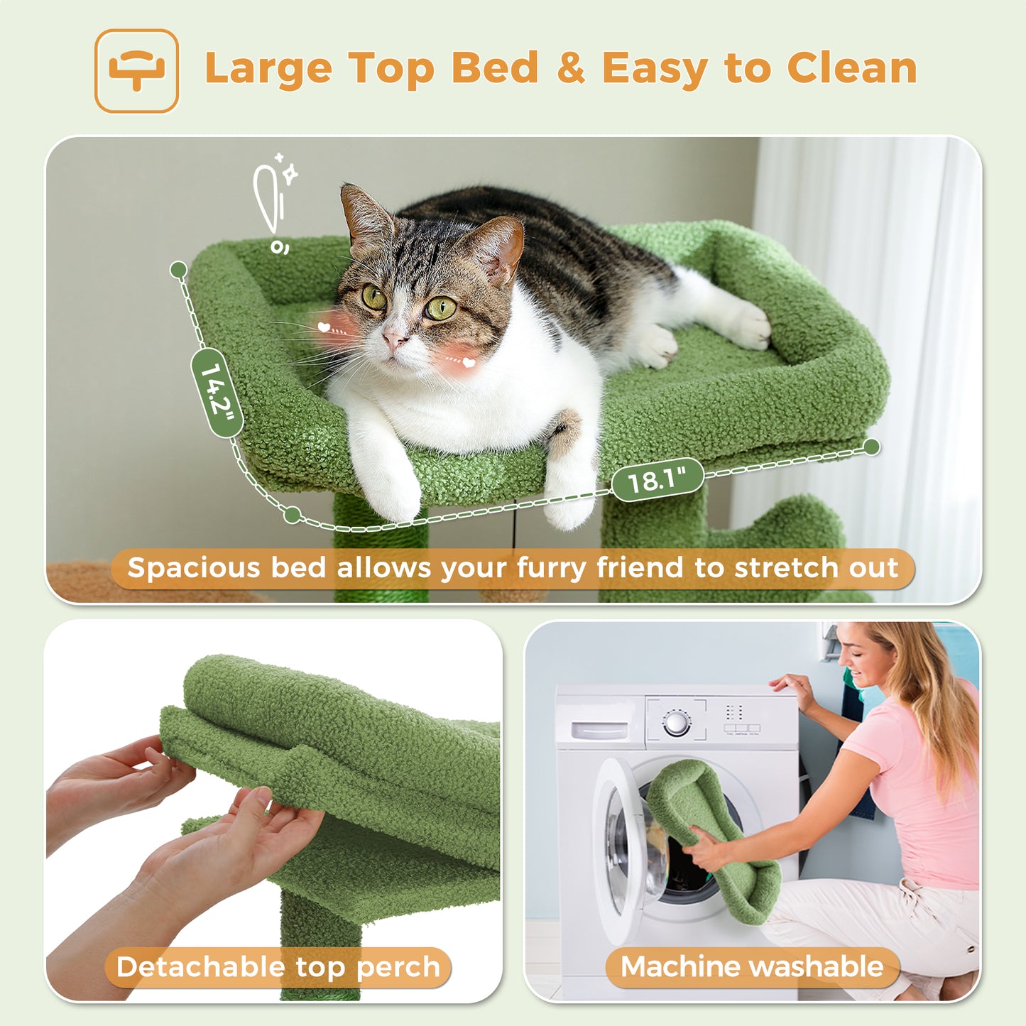 Arbre à gratter cactus 90 cm – Arbre à chat de taille moyenne avec poteau à gratter en sisal, maison pour chats d'appartement, grande plateforme panoramique rembourrée, hamac confortable et 2 balles de jeu pour chats de petite à moyenne taille