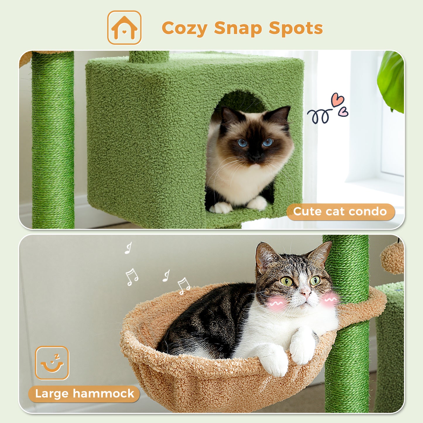 Arbre à gratter cactus 90 cm – Arbre à chat de taille moyenne avec poteau à gratter en sisal, maison pour chats d'appartement, grande plateforme panoramique rembourrée, hamac confortable et 2 balles de jeu pour chats de petite à moyenne taille