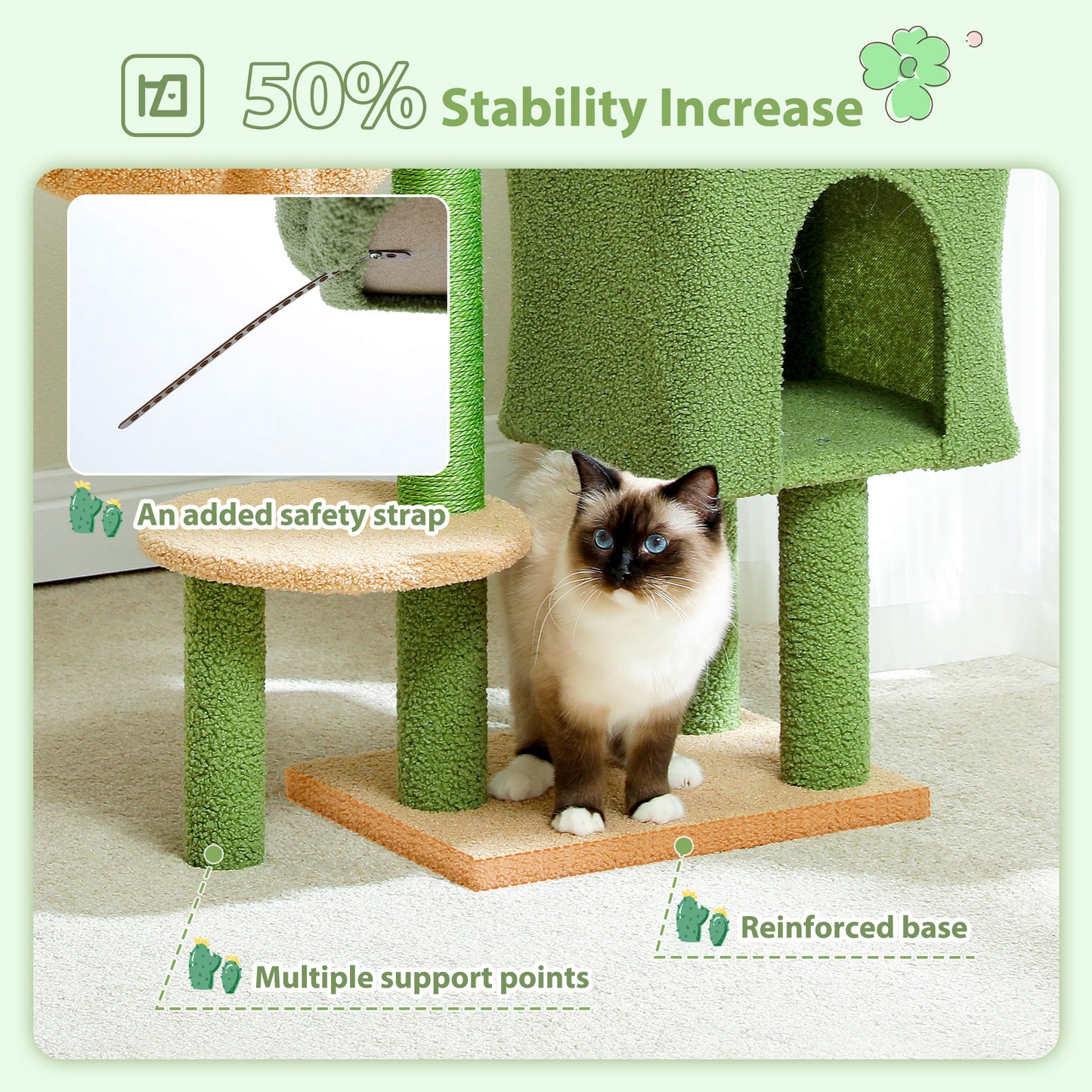 Arbre à gratter cactus 90 cm – Arbre à chat de taille moyenne avec poteau à gratter en sisal, maison pour chats d'appartement, grande plateforme panoramique rembourrée, hamac confortable et 2 balles de jeu pour chats de petite à moyenne taille