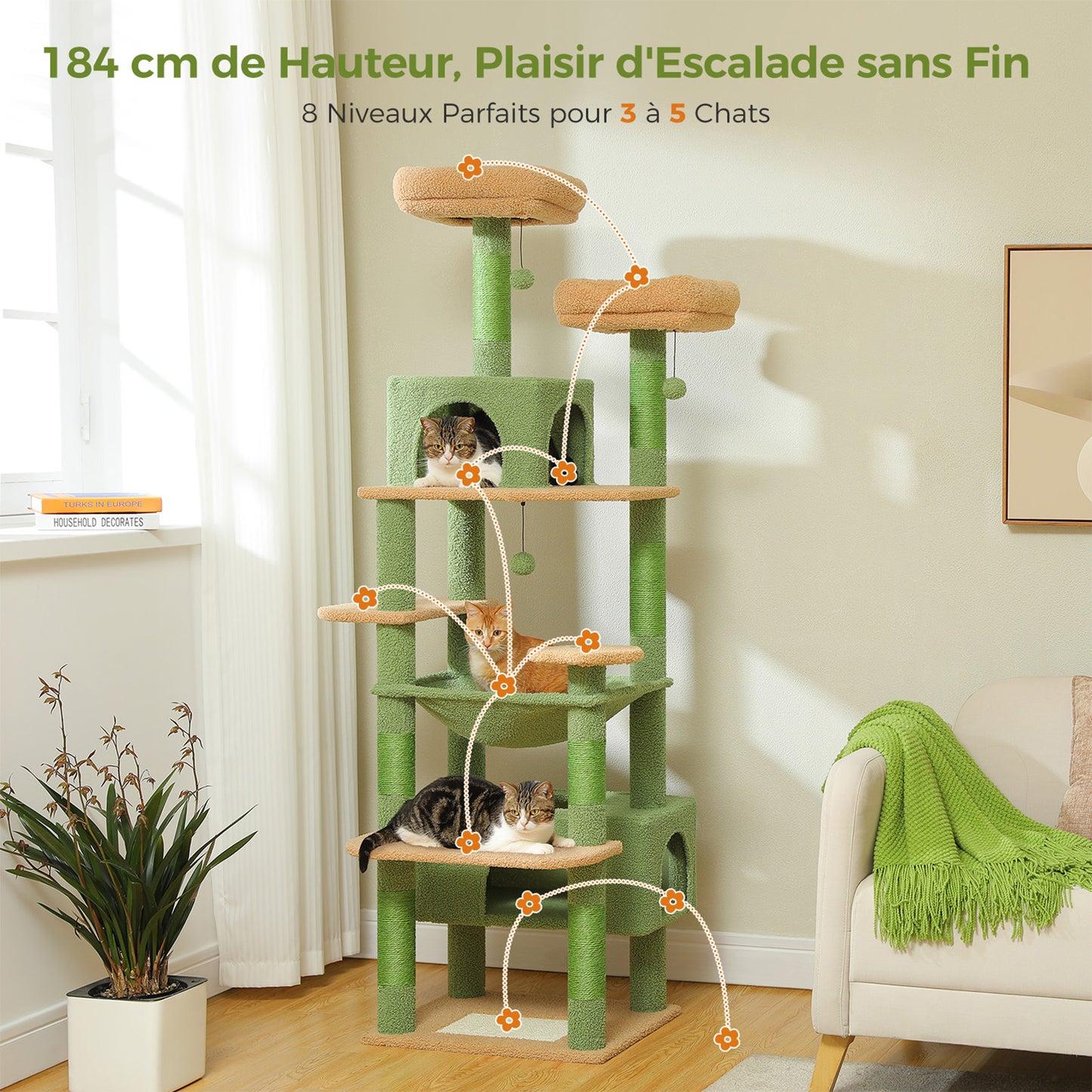 PAWZ Road Cat Tree, 136 cm high | with spacious hammock | sleeping house and scratching post | two padded platforms | cat house suitable for large indoor cats