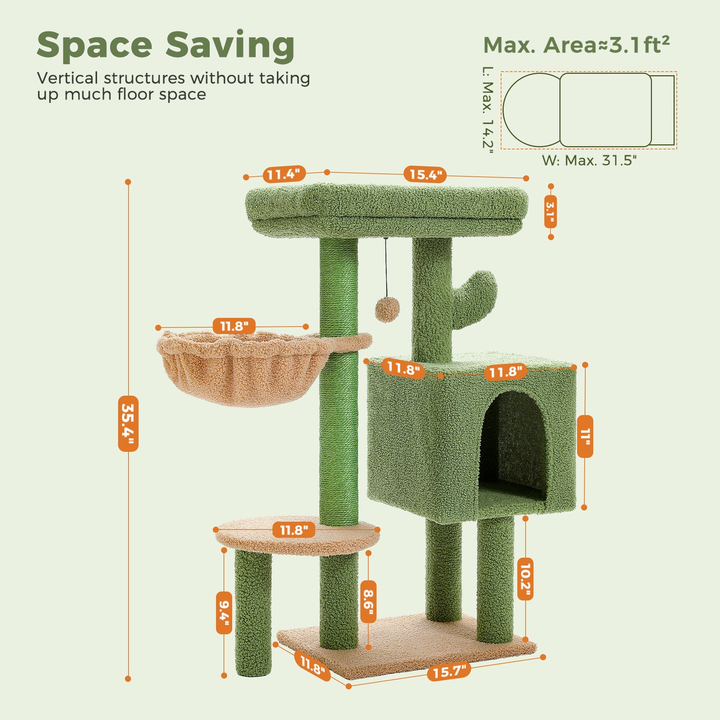 Arbre à gratter cactus 90 cm – Arbre à chat de taille moyenne avec poteau à gratter en sisal, maison pour chats d'appartement, grande plateforme panoramique rembourrée, hamac confortable et 2 balles de jeu pour chats de petite à moyenne taille
