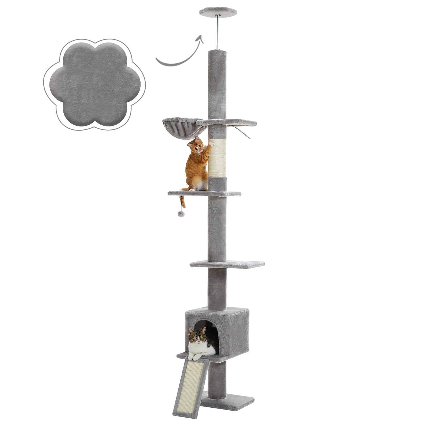 PAWZ Road Kaktus-Katzenbaum | 216-273 cm höhenverstellbar | Decken-zu-Boden-Kratzturm | mit Hängematte & Schlafhaus | Anti-Fall-Gurt