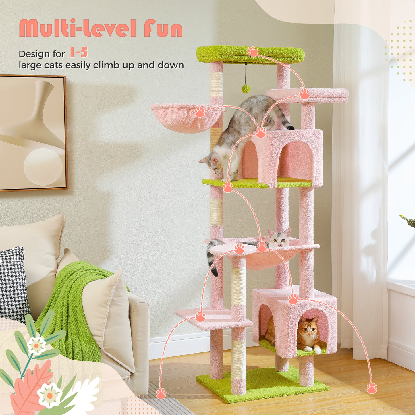 PAWZ Road XXL-Rascador 175 cm para gatos de apartamento | Con gran hamaca | Torre para gatos adultos | Incl. poste rascador, casa de dormir y plataforma de observación