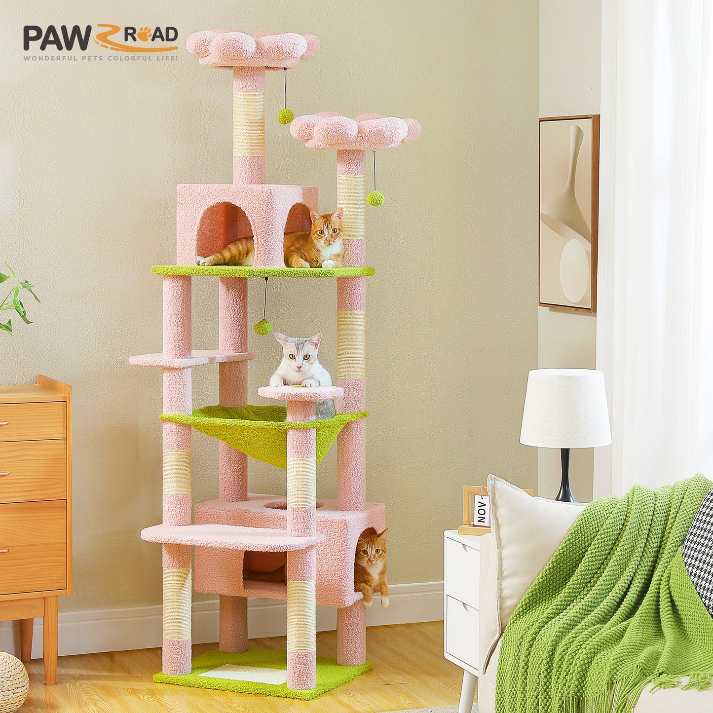 PAWZ Road Cat Tree, 136 cm high | with spacious hammock | sleeping house and scratching post | two padded platforms | cat house suitable for large indoor cats