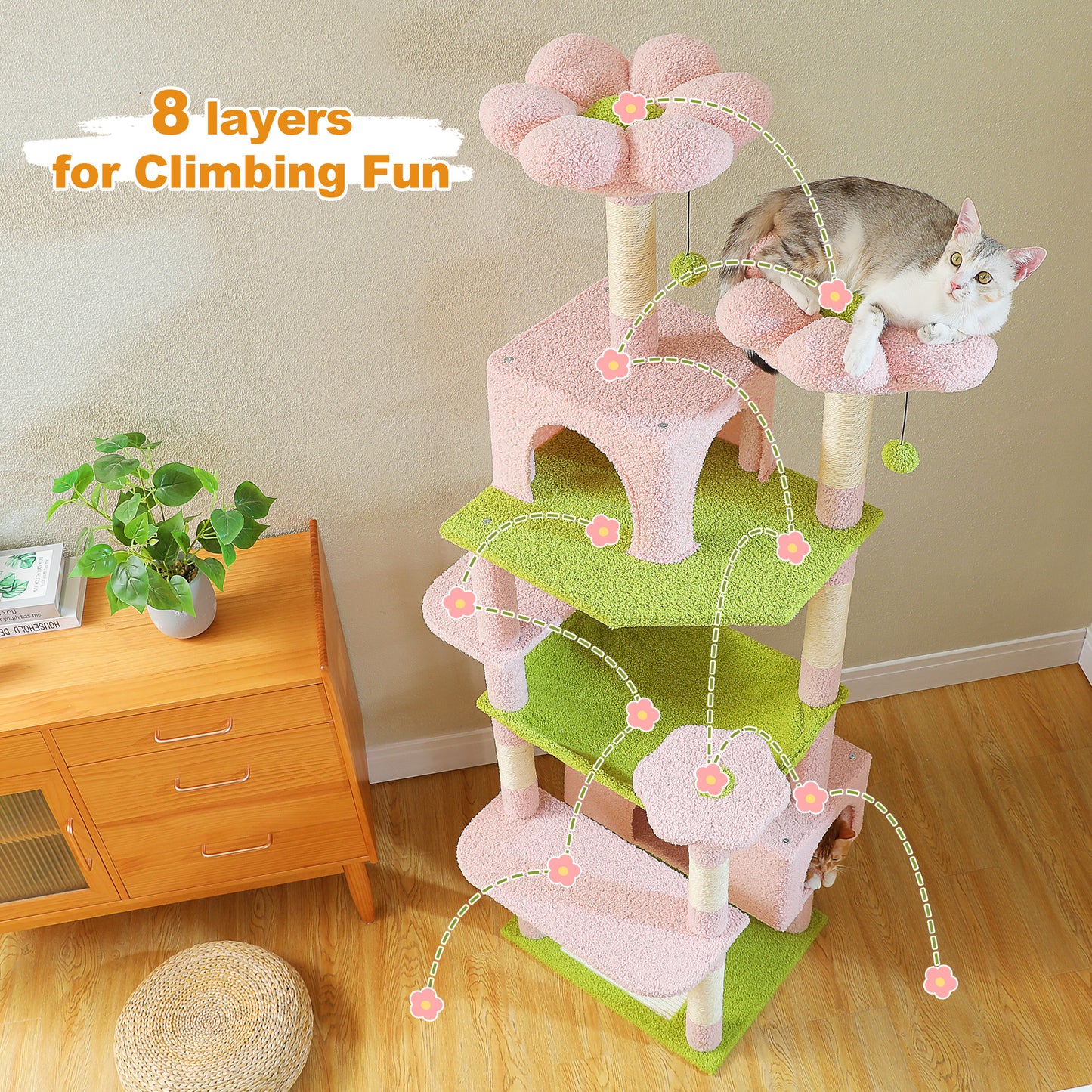 PAWZ Road Cat Tree, 136 cm high | with spacious hammock | sleeping house and scratching post | two padded platforms | cat house suitable for large indoor cats