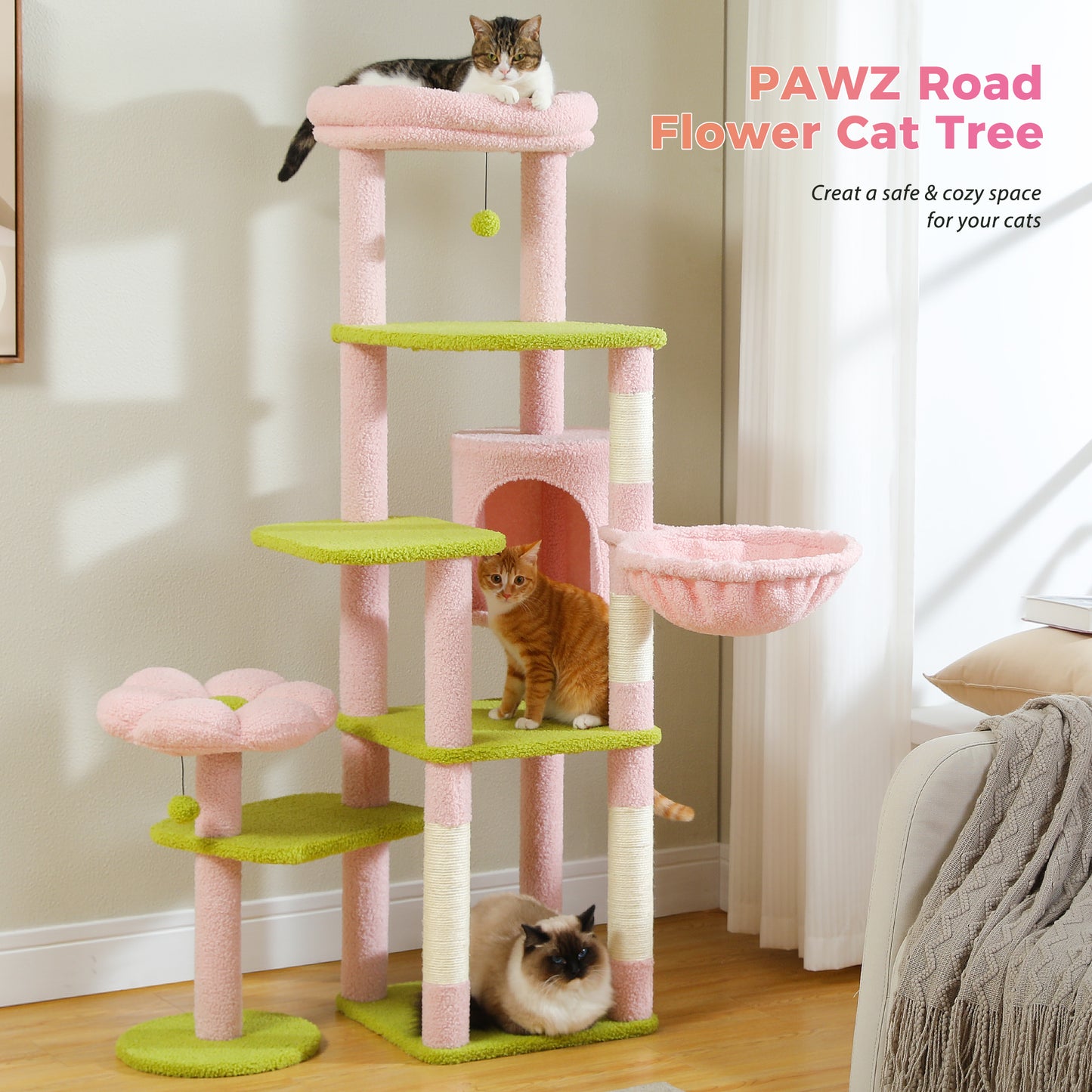 PAWZ Road 150 cm Blumen-Katzenbaum – Großer mehrstufiger Katzenturm | Niedriges Design | mit Schlafhaus | XXL Hängematte | Sisal-Pfosten & 2 Plattformen