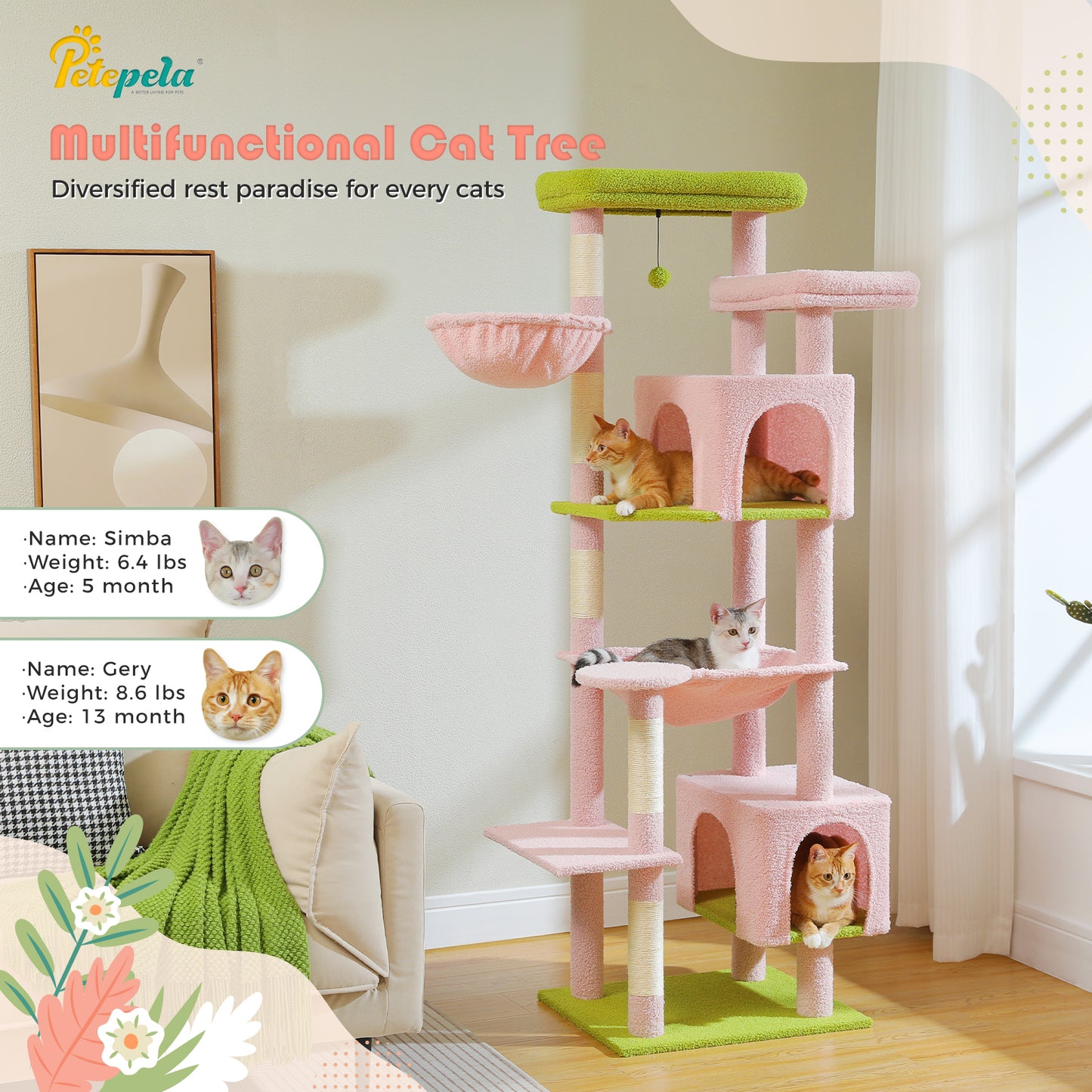 PÉTÉPÉLA Arbre à gratter haut de 175 cm pour chats adultes de grande taille, tour pour chats avec grande hampe, arbre à grimper équipé de poteaux à gratter, maison de repos et grande plateforme d'observation, disponible en rose et vert.