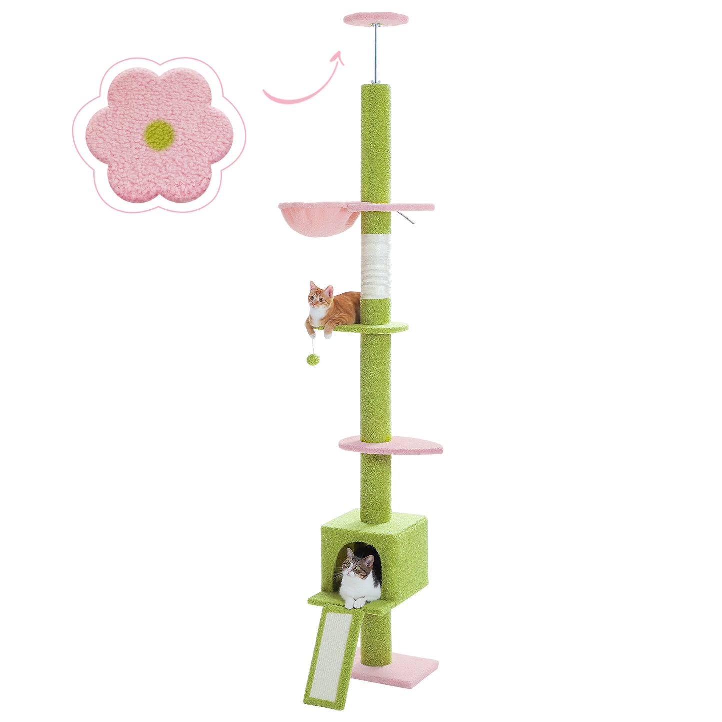 PAWZ Road Kaktus-Katzenbaum | 216-273 cm höhenverstellbar | Decken-zu-Boden-Kratzturm | mit Hängematte & Schlafhaus | Anti-Fall-Gurt