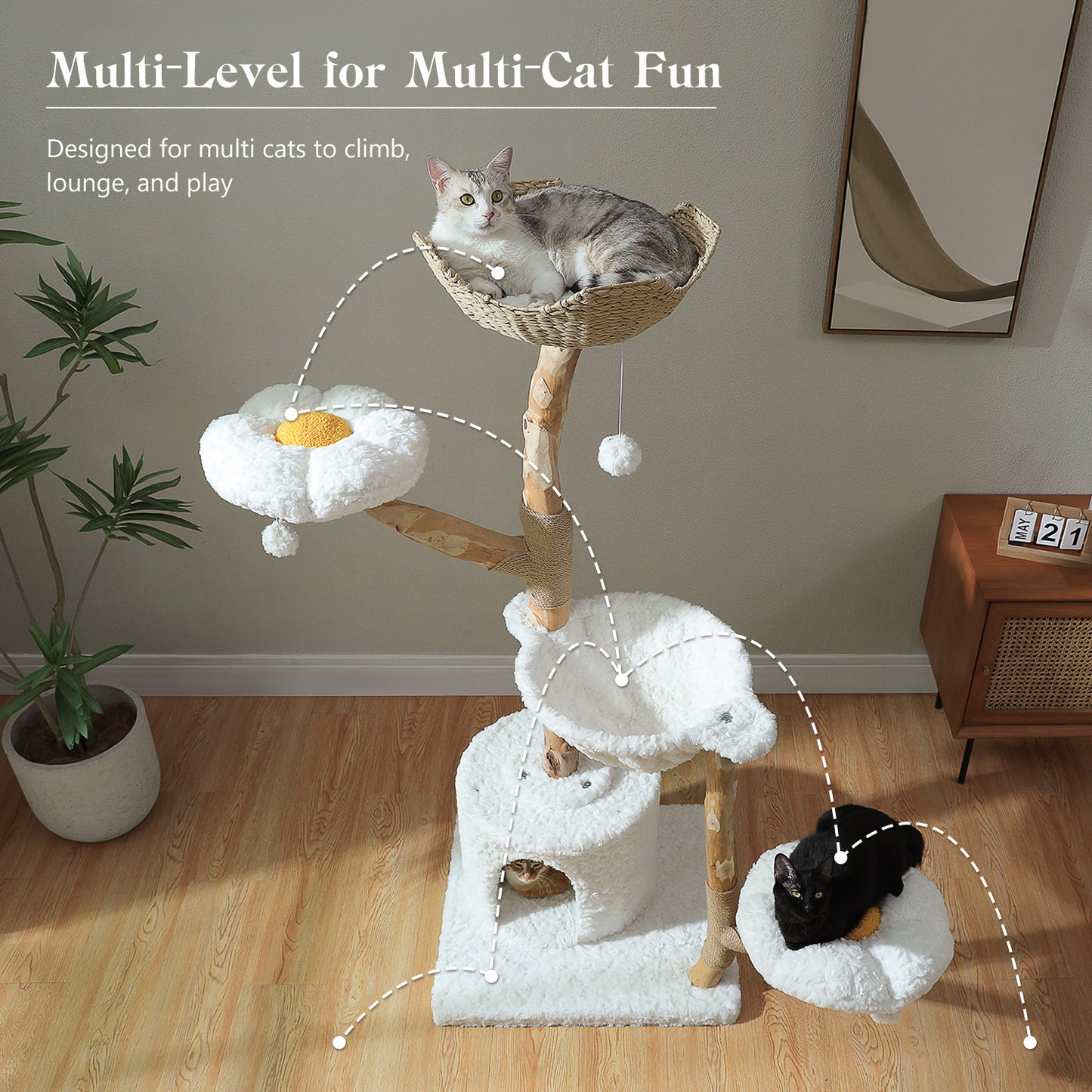 Torre moderna per gatti (per gatti di grossa taglia) con 2 piattaforme a forma di fiore | 150 cm | Tiragraffi naturale in legno massello con veri rami | Lussuoso mobile boho per gatti con cuccia + cestino intrecciato (bianco nuvola)