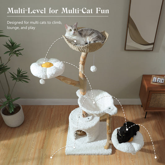 Torre moderna per gatti (per gatti di grossa taglia) con 2 piattaforme a forma di fiore | 150 cm | Tiragraffi naturale in legno massello con veri rami | Lussuoso mobile boho per gatti con cuccia + cestino intrecciato (bianco nuvola)
