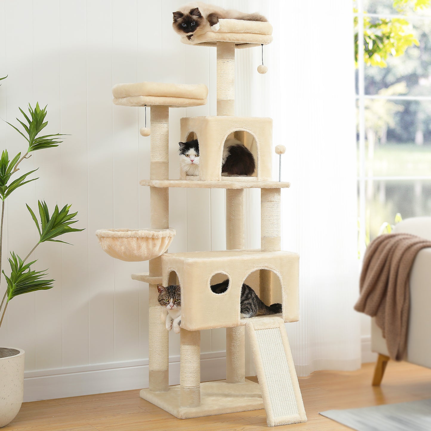 PAWZ Road XXL-Árbol rascador 162cm | Columnas rascadoras envueltas en sisal | Con gran hamaca + 2 plataformas superiores | Incl. pelotas de juego intercambiables | Para razas de gatos grandes