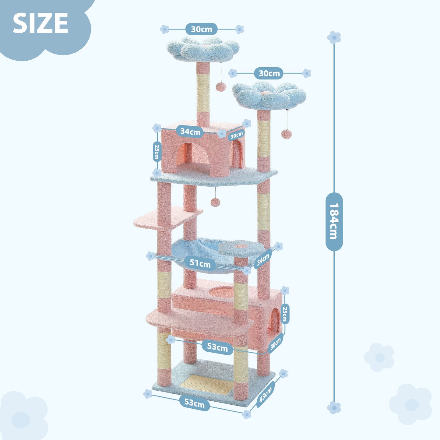 PAWZ Road Arbre à gratter, 136 cm de haut | avec hamac spacieux | maison de repos et poteau à gratter | deux plateformes rembourrées | maison pour chats adaptée aux chats d'appartement de grande taille
