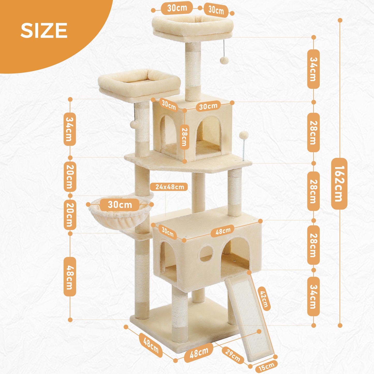 PAWZ Road XXL-Árbol rascador 162cm | Columnas rascadoras envueltas en sisal | Con gran hamaca + 2 plataformas superiores | Incl. pelotas de juego intercambiables | Para razas de gatos grandes