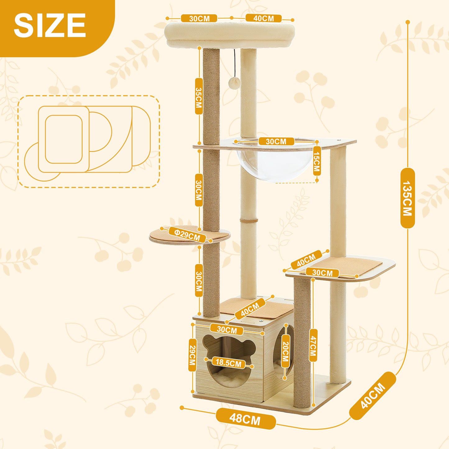 PAWZ Road moderner Kratzbaum | 135 cm hoher Katzenturm aus Holz | für Wohnungskatzen | Katzenmöbel mit 4 sisalumwickelten Kratzpfosten