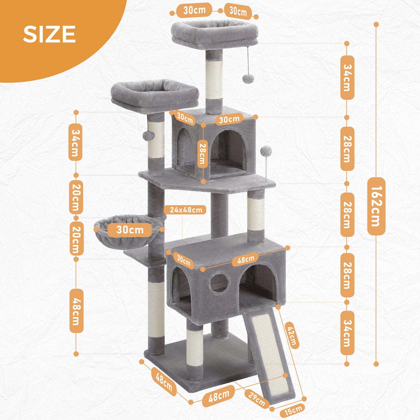 PAWZ Road XXL-Árbol rascador 162cm | Columnas rascadoras envueltas en sisal | Con gran hamaca + 2 plataformas superiores | Incl. pelotas de juego intercambiables | Para razas de gatos grandes