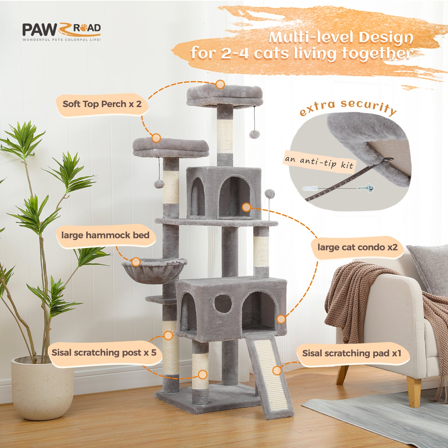 PAWZ Road XXL-Árbol rascador 162cm | Columnas rascadoras envueltas en sisal | Con gran hamaca + 2 plataformas superiores | Incl. pelotas de juego intercambiables | Para razas de gatos grandes