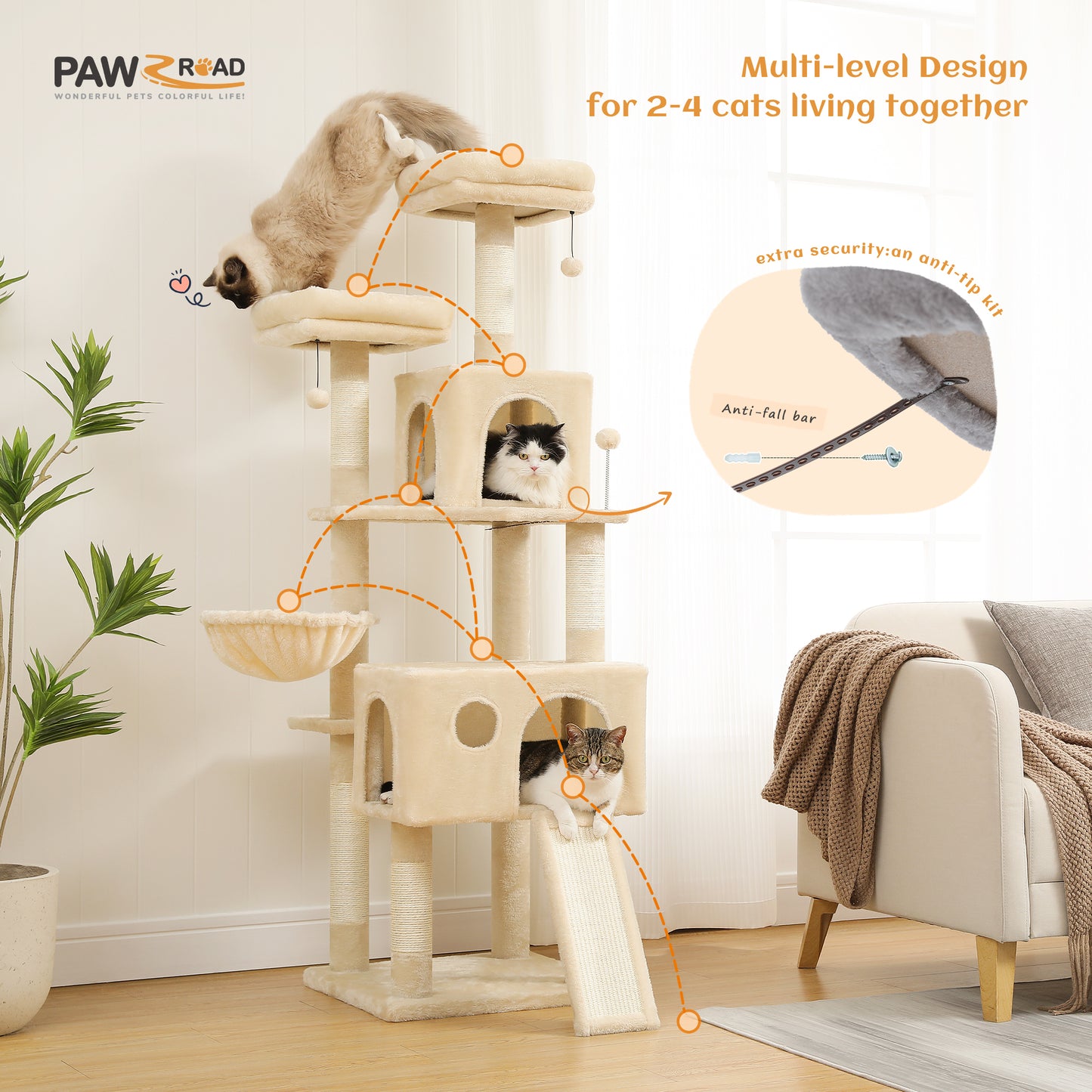 PAWZ Road XXL-Árbol rascador 162cm | Columnas rascadoras envueltas en sisal | Con gran hamaca + 2 plataformas superiores | Incl. pelotas de juego intercambiables | Para razas de gatos grandes