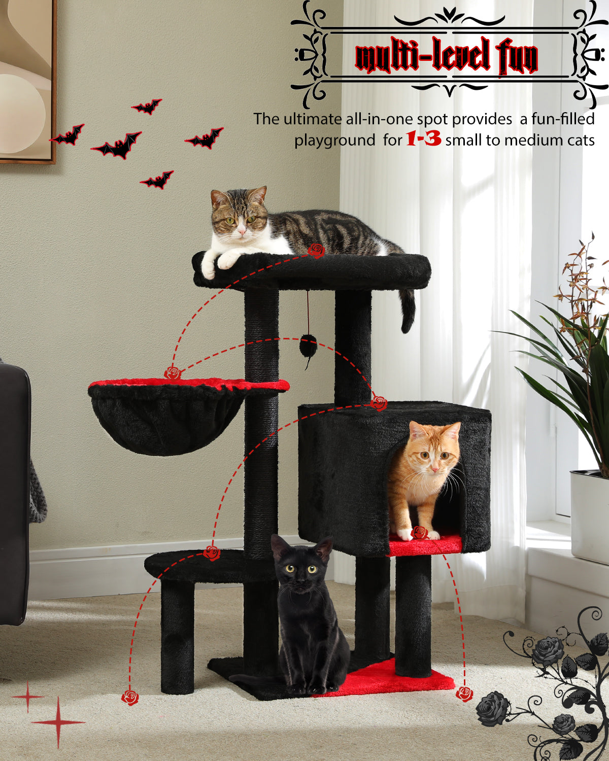Arbre à gratter cactus 90 cm – Arbre à chat de taille moyenne avec poteau à gratter en sisal, maison pour chats d'appartement, grande plateforme panoramique rembourrée, hamac confortable et 2 balles de jeu pour chats de petite à moyenne taille